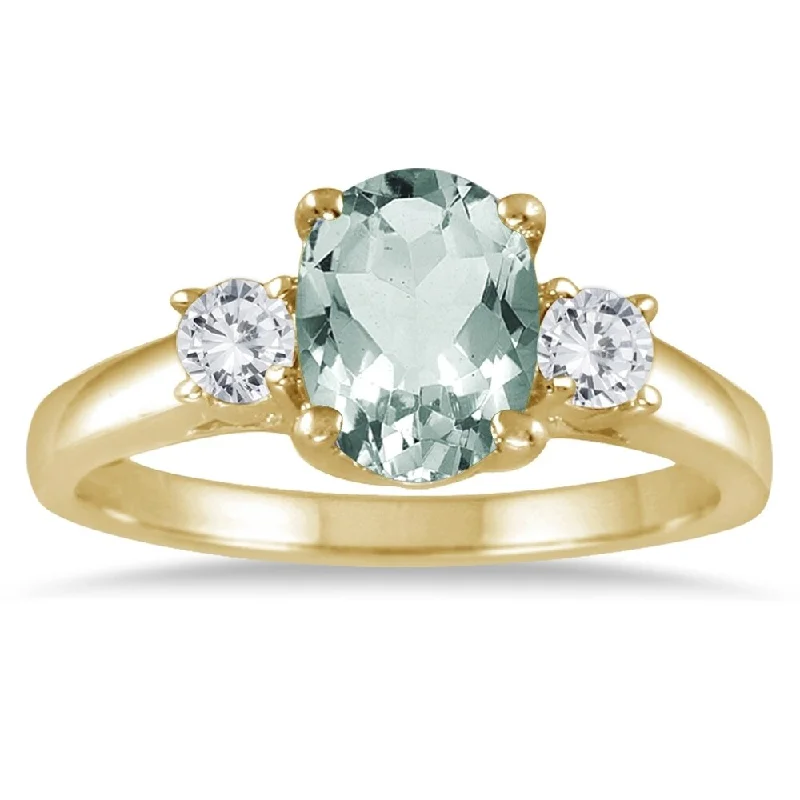 1 3/4 Carat Green Amethyst and Diamond Three Stone Ring 14K Yellow Gold