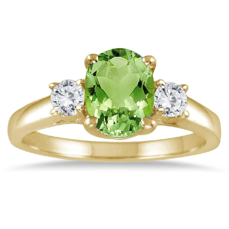 1 3/4 Carat Peridot and Diamond Three Stone Ring 14K Yellow Gold