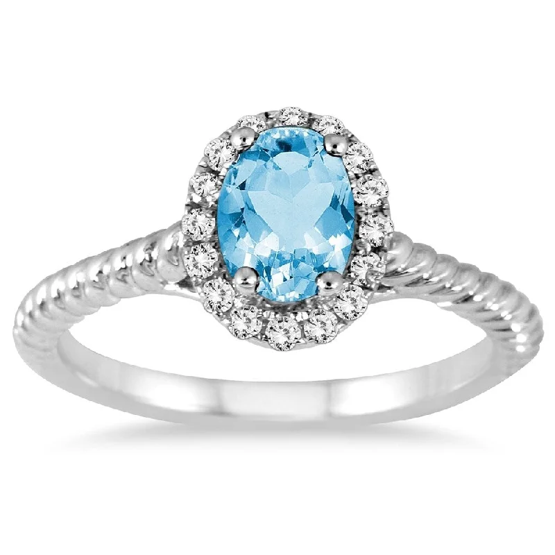 1 Carat Blue Topaz and Diamond Halo Rope Ring in 10K White Gold