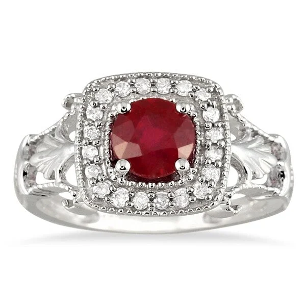 1 Carat Ruby and Diamond Antique Halo Ring in 10K White Gold