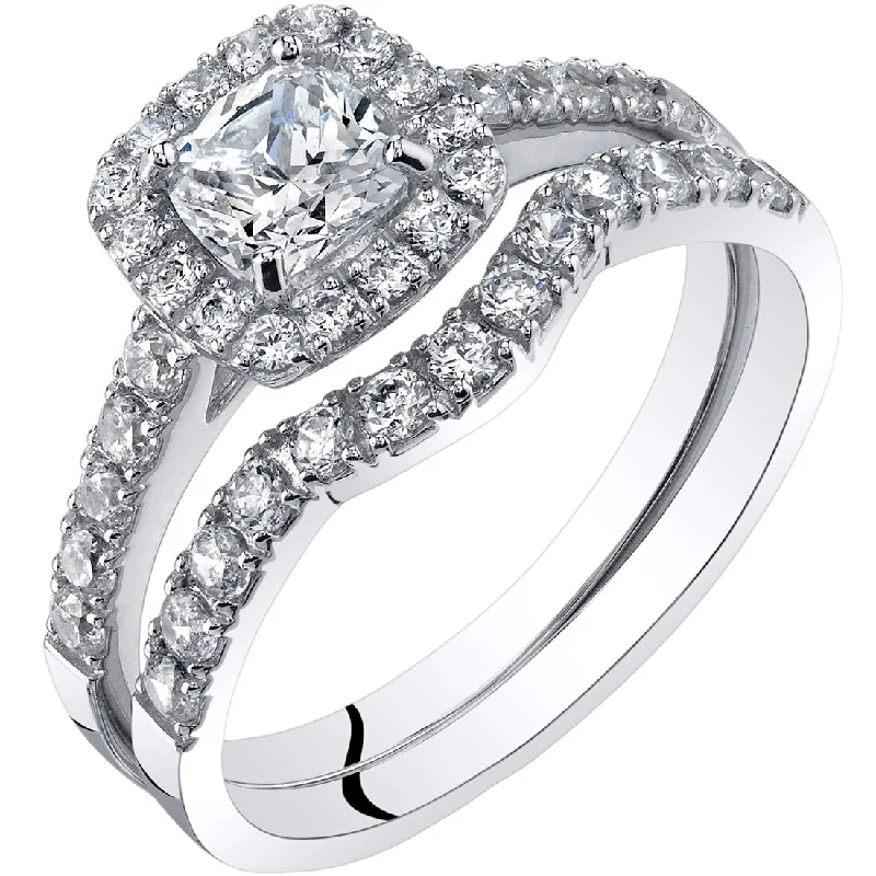 14k White Gold Cushion Cut Engagement Ring & Wedding Band Set