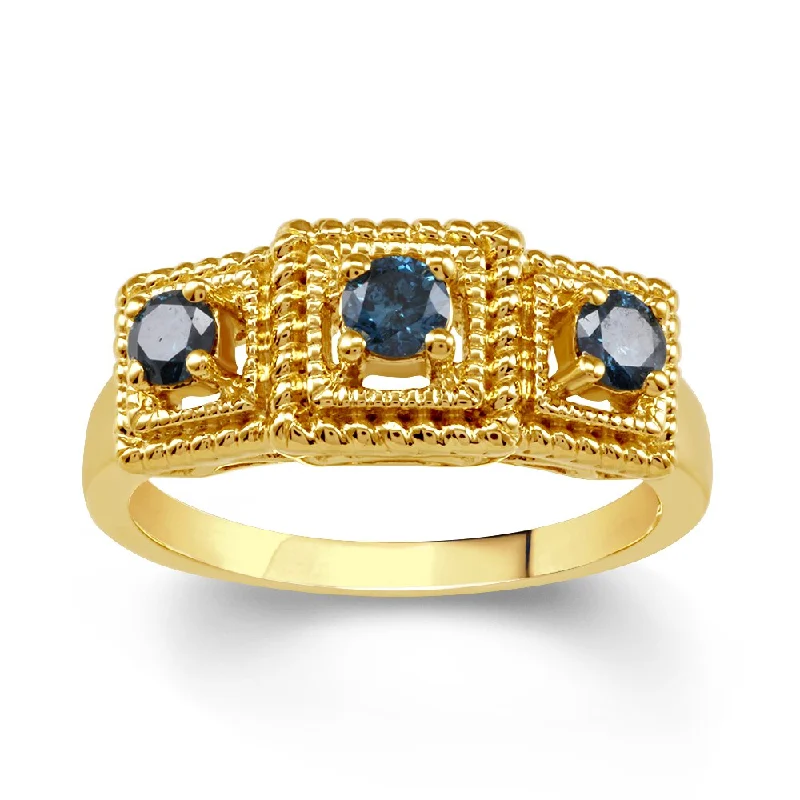 18k Gold over Sterling Silver 1/2ct TDW Blue Diamond 3- Stone Ring