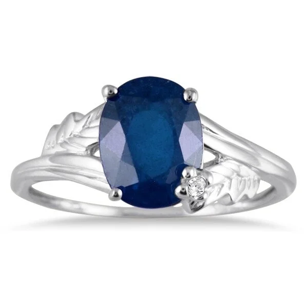 2 1/4 Carat Oval Sapphire and Diamond Leaf Ring in 10K White Gold