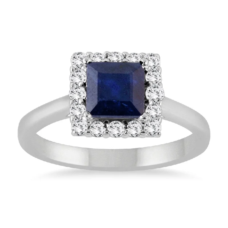 2 Carat Sapphire and Diamond Princess Halo Ring in 14K White Gold