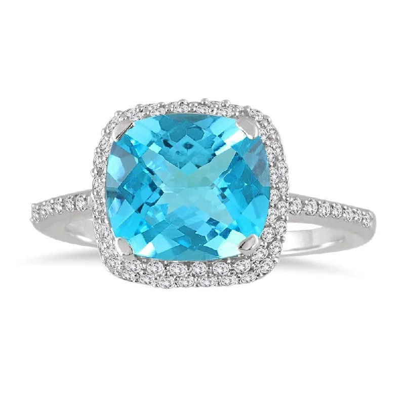 3 1/2 Carat Cushion Cut Blue Topaz and Diamond Halo Ring in 10K White Gold