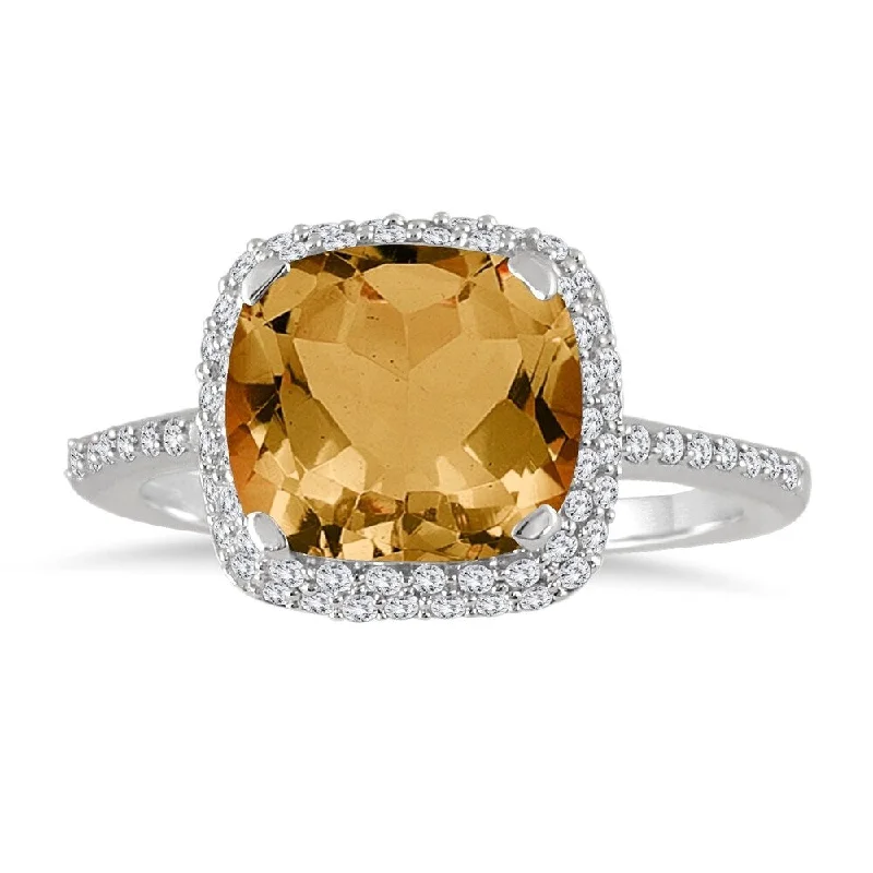 3 1/2 Carat Cushion Cut Citrine and Diamond Halo Ring in 10K White Gold