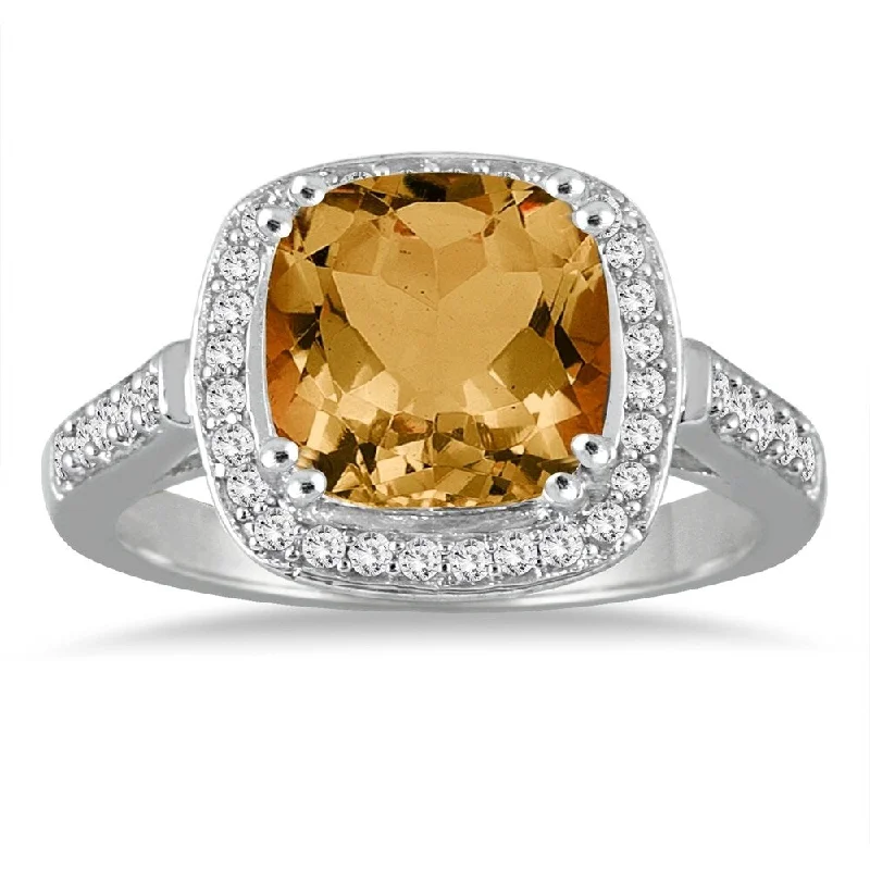 3 1/2 Carat Cushion Cut Citrine and Diamond Ring in 14K White Gold