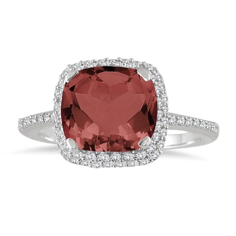 3 1/2 Carat Cushion Cut Garnet and Diamond Halo Ring in 10K White Gold