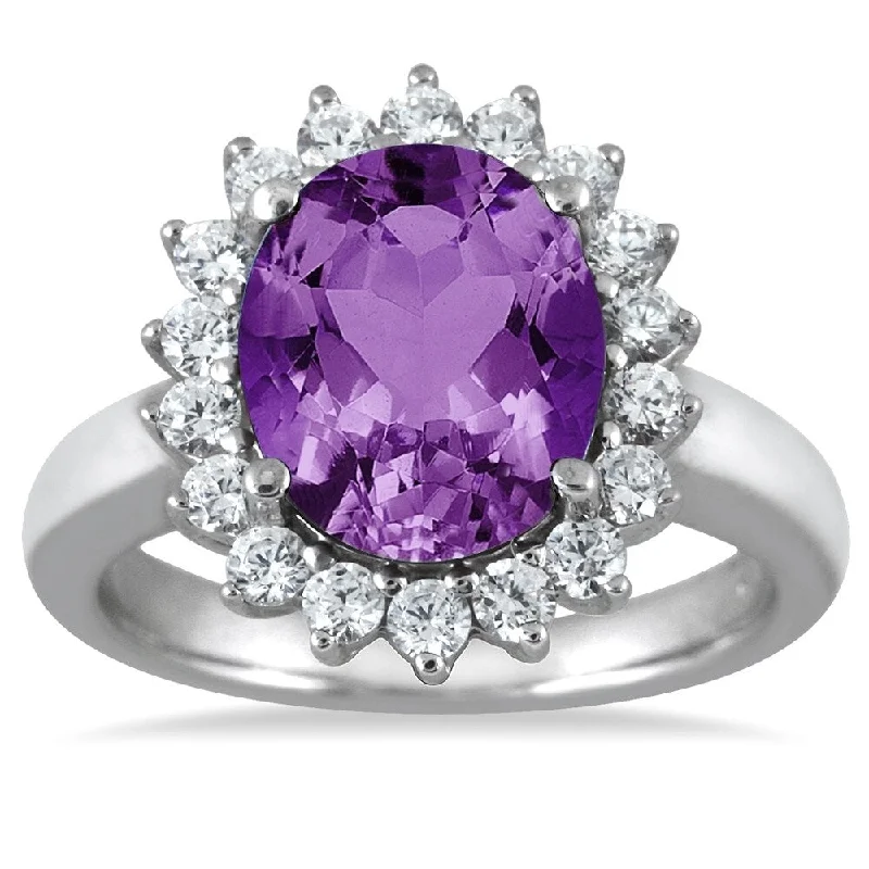 4 Carat Amethyst and Diamond Ring in 14K White Gold