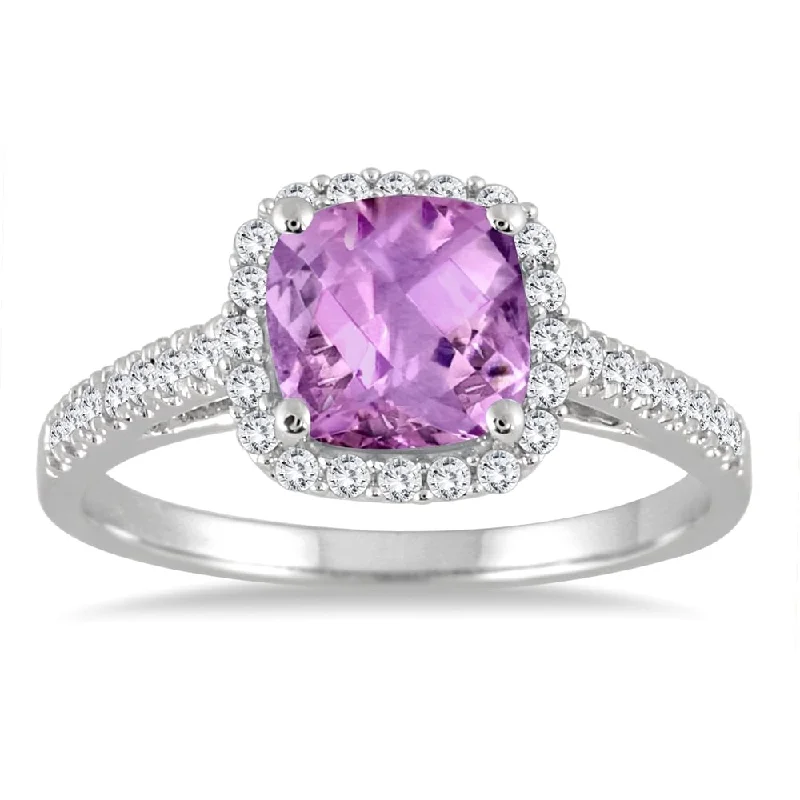 5MM Cushion Cut Amethyst and Diamond Halo Ring in 10K White Gold