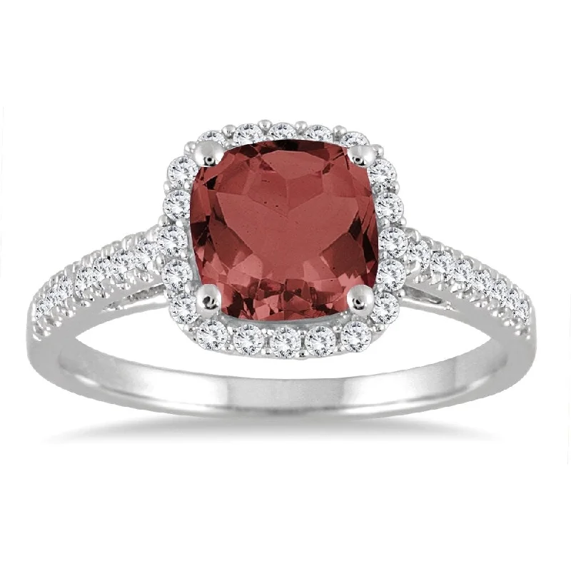 5MM Cushion Cut Garnet and Diamond Halo Ring in 10K White Gold