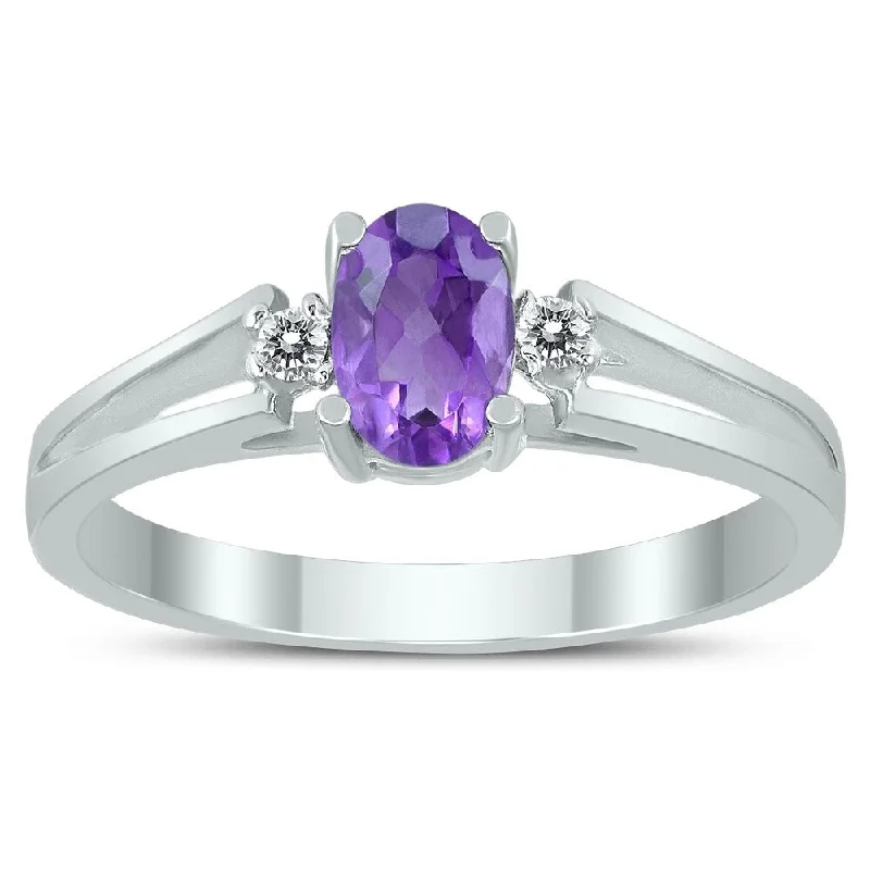 6X4MM Amethyst and Diamond Open Three Stone Ring in 10K White Gold