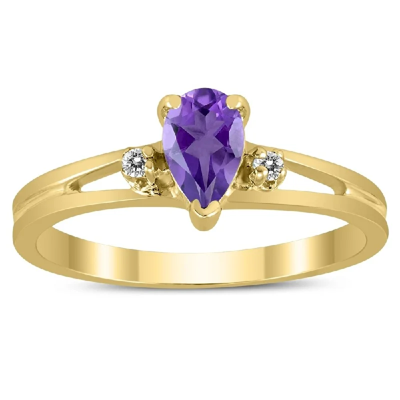 6X4MM Amethyst and Diamond Pear Shaped Open Three Stone Ring in 10K Yellow Gold