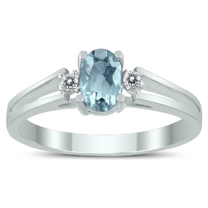 6X4MM Aquamarine and Diamond Open Three Stone Ring in 10K White Gold