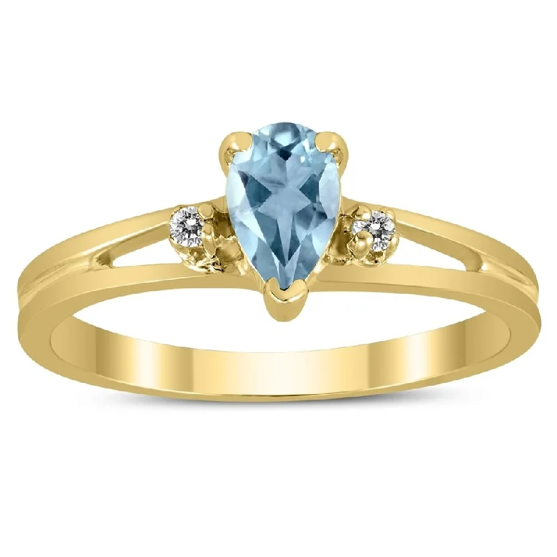 6X4MM Aquamarine and Diamond Pear Shaped Open Three Stone Ring in 10K Yellow Gold