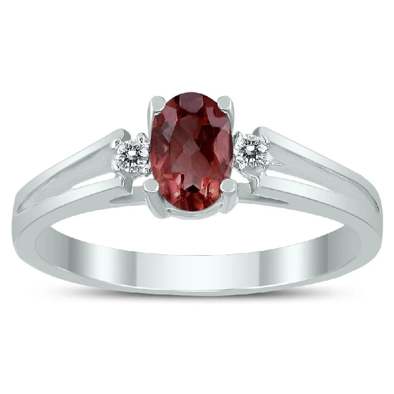 6X4MM Garnet and Diamond Open Three Stone Ring in 10K White Gold