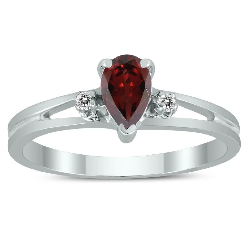 6X4MM Garnet and Diamond Pear Shaped Open Three Stone Ring in 10K White Gold