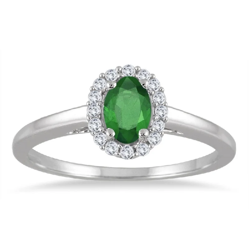 6x4MM Oval Shape Emerald and Diamond Halo Ring in 10K White Gold