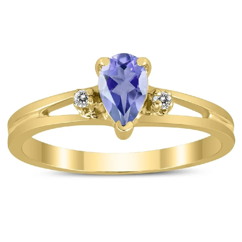 6X4MM Tanzanite and Diamond Pear Shaped Open Three Stone Ring in 10K Yellow Gold