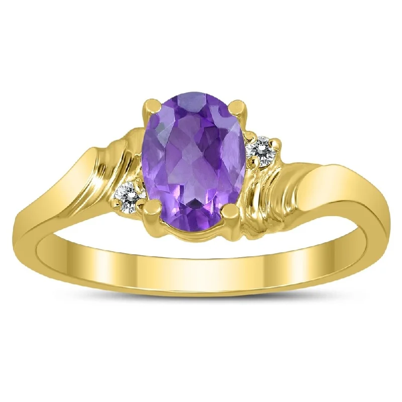 7X5MM Amethyst and Diamond Wave Ring in 10K Yellow Gold