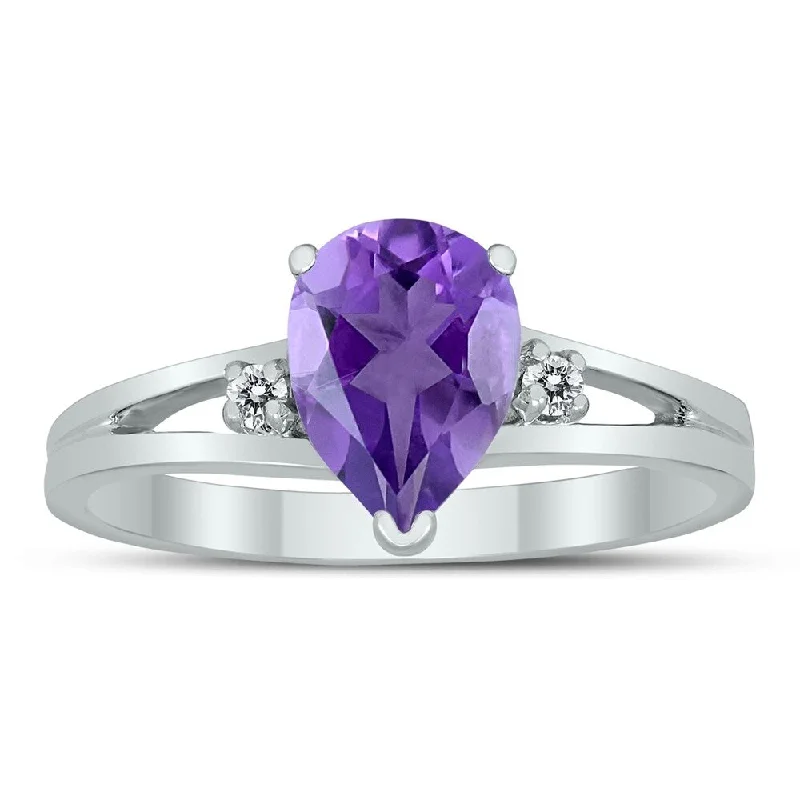 8X6MM Amethyst and Diamond Pear Shaped Open Three Stone Ring in 10K White Gold