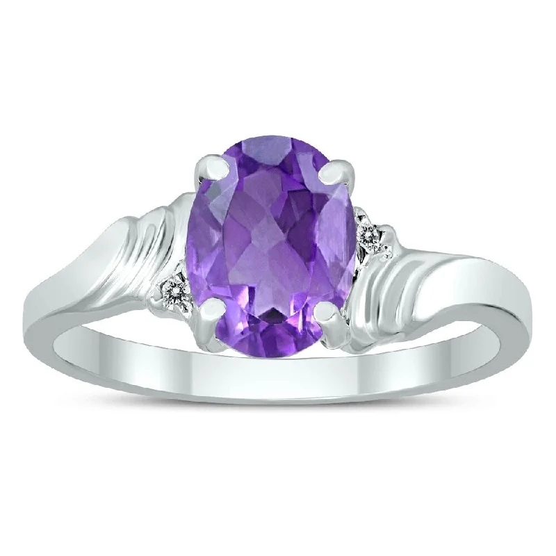 8X6MM Amethyst and Diamond Wave Ring in 10K White Gold