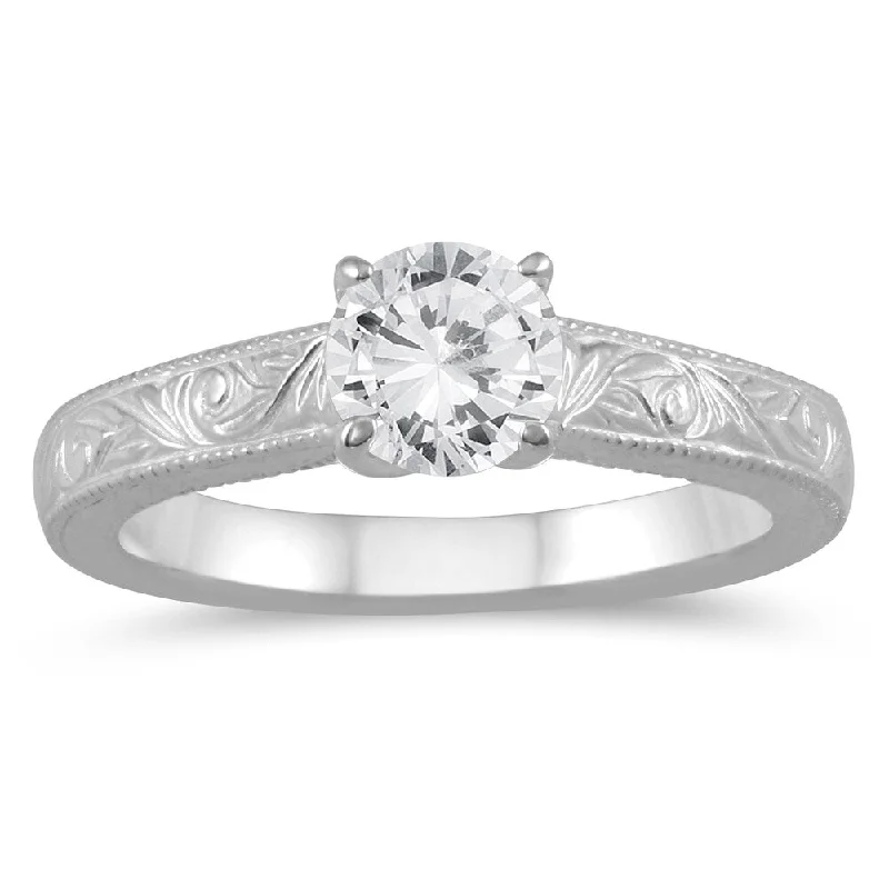 AGS Certified 3/4 Carat Engraved Diamond Solitaire Ring in 14K White Gold (I-J Color, I2-I3 Clarity)