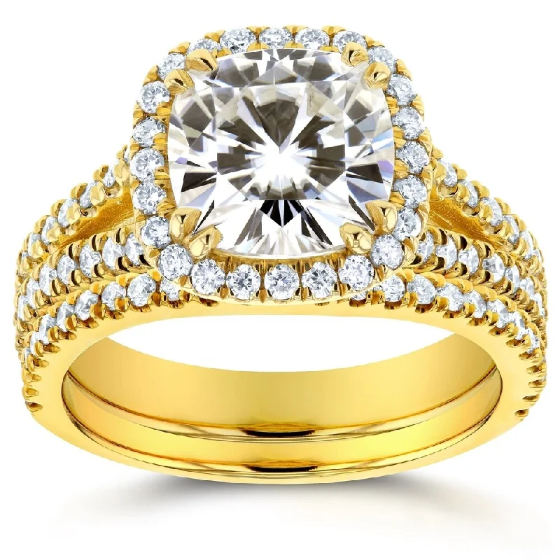 Annello 14k Yellow Gold 2 3/4ct TGW Moissanite and Diamond Cushion Halo Split Shank Bridal Rings Set (GH/VS, GH/I)