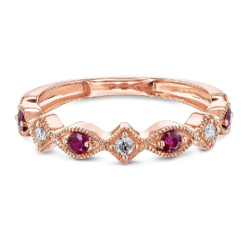 Annello by Kobelli 10k Rose Gold 1/5ct.tw Alternating Ruby and Diamond Patterned Fashion Stackable Ring