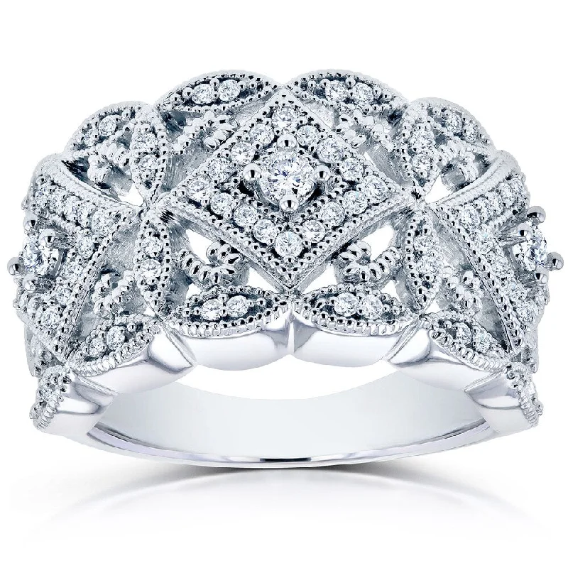 Annello by Kobelli 10k White Gold 1/2ct TDW Diamond Antique Filigree Wide Anniversary Ring