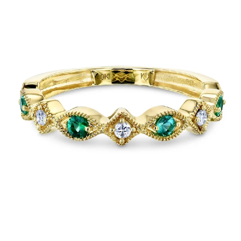 Annello by Kobelli 10k Yellow Gold 1/5ct.tw Alternating Emerald and Diamond Patterned Fashion Stackable Ring