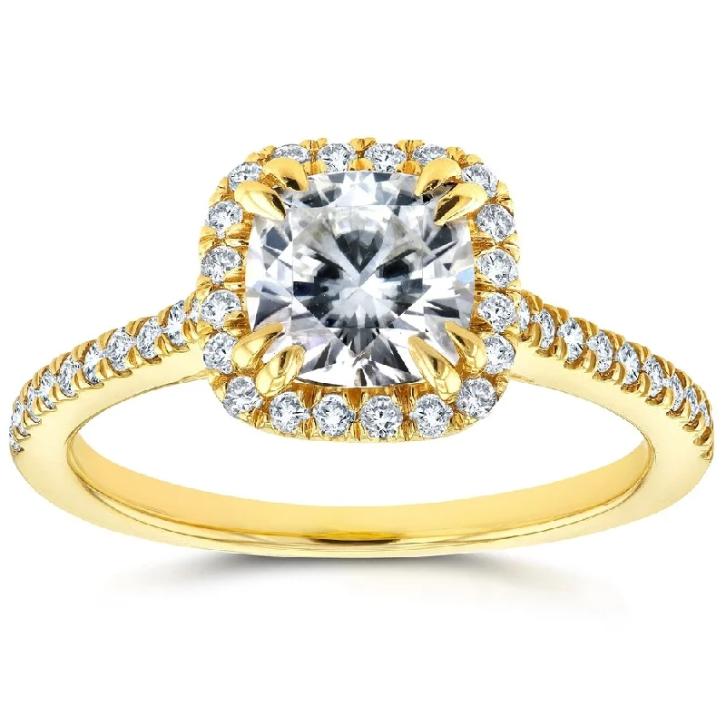 Annello by Kobelli 14k Gold 1 2/5ct TGW Cushion-cut Moissanite and Diamond Halo Trellis Engagement Ring