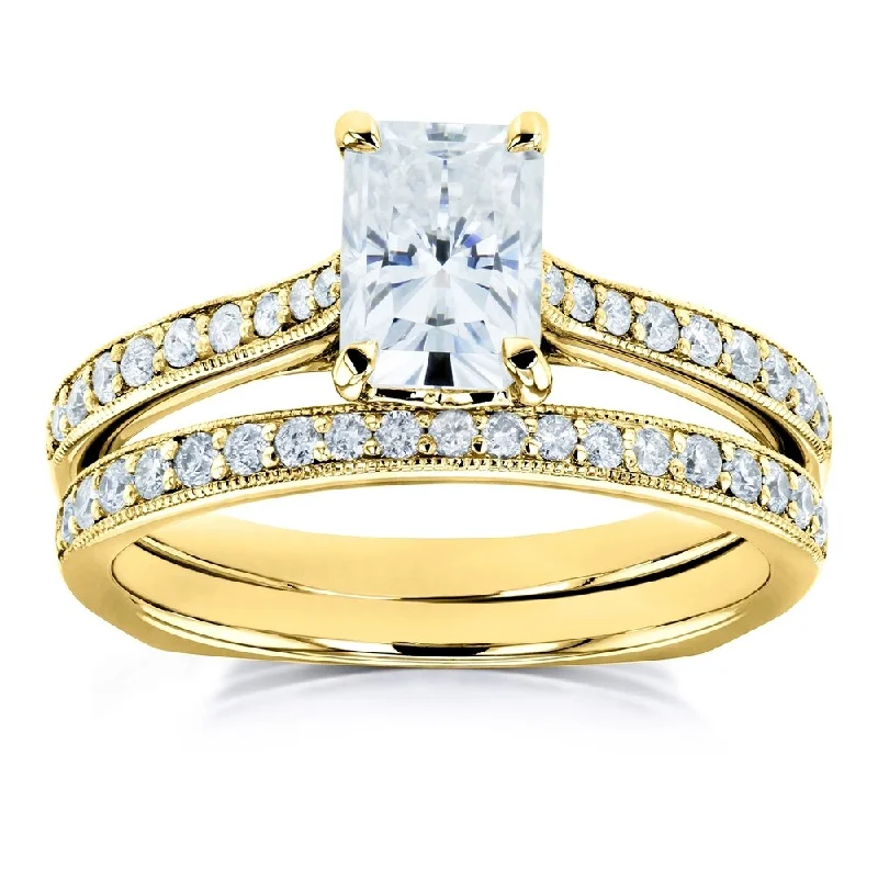 Annello by Kobelli 14k Gold 1 3/5ct TGW Radiant Moissanite and Diamond Square Band Trellis Bridal Rings Set (DEF/VS, GH/I)