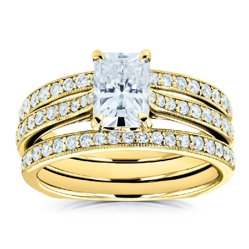 Annello by Kobelli 14k Gold 1 4/5ct TGW Radiant Forever One Moissanite and Diamond Trellis 3-Piece Bridal Rings (DEF/VS, GH/I)