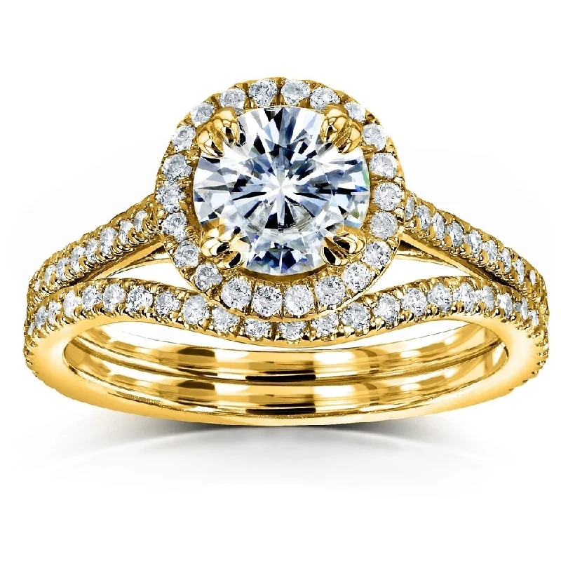 Annello by Kobelli 14k Gold 1ct Round Moissanite and 1/2ct TDW Diamond Halo Bridal Ring Set