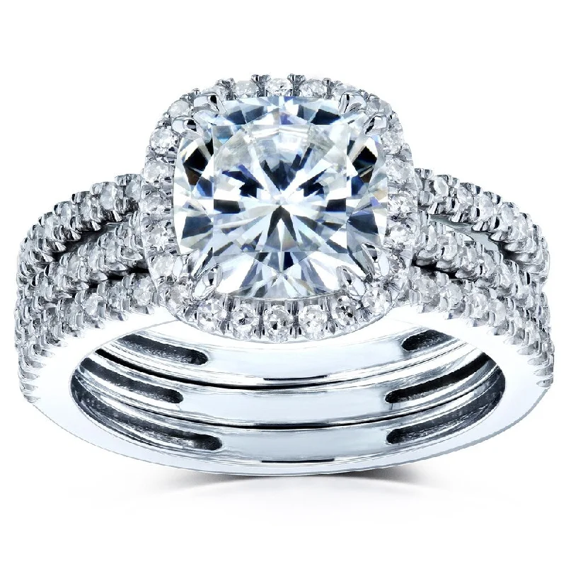 Annello by Kobelli 14k Gold 2 1/2ct TGW Moissanite and Diamond Cushion Halo 3-Piece Bridal Rings Set (GH/VS, GH/I)