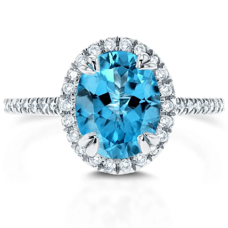 Annello by Kobelli 14k Gold 2 1/4ct TGW Oval Cut Swiss Blue Topaz and Diamond Halo Gemstone Ring