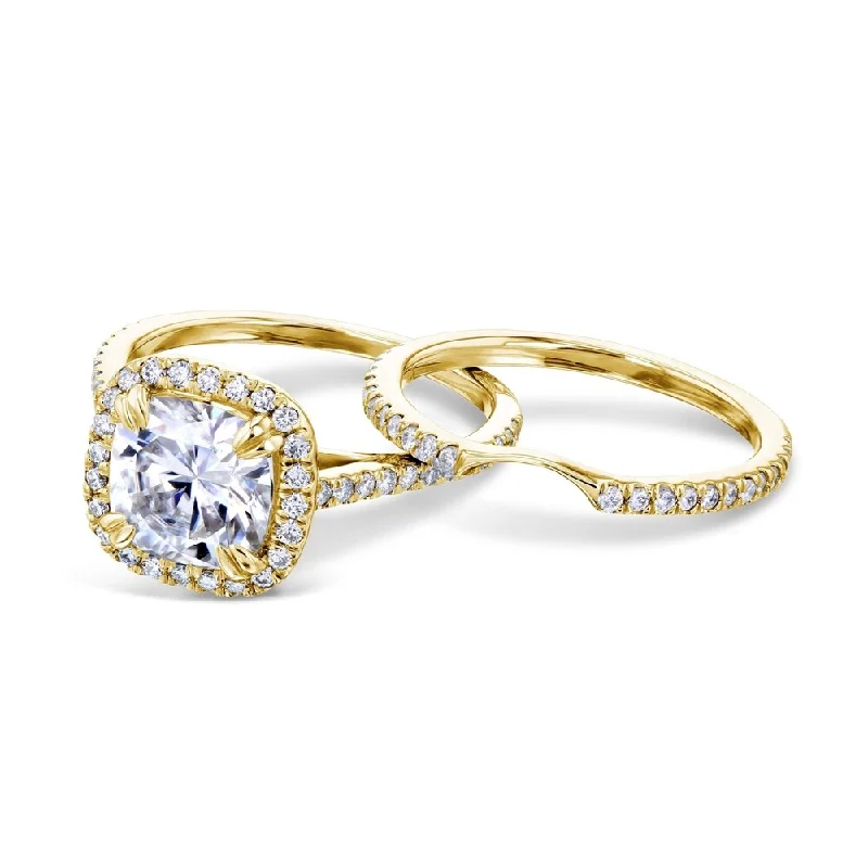 Annello by Kobelli 14k Gold 2 2/5ct Cushion Moissanite and Lab Grown Diamond Halo Bridal Set