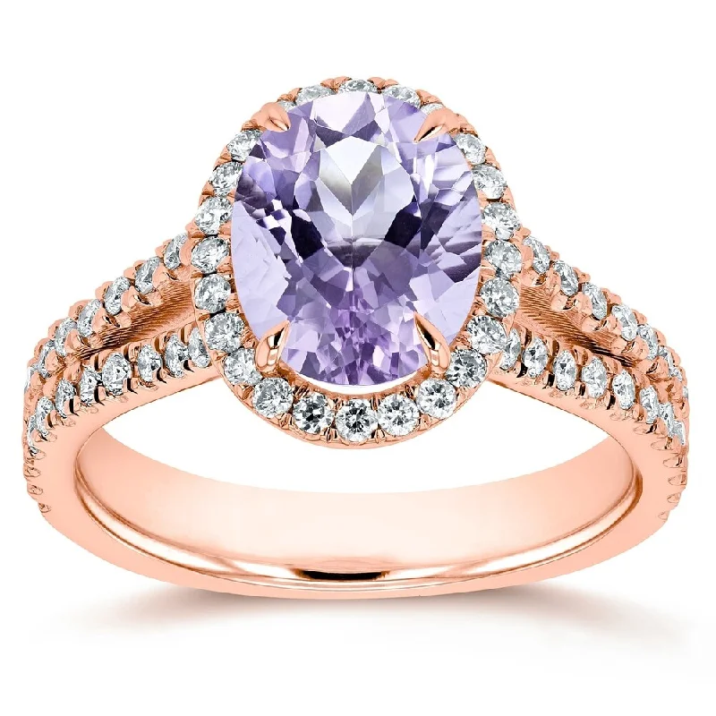 Annello by Kobelli 14k Gold 2ct TGW Oval Cut Lavender Amethyst and Diamond Halo Split Shank Gemstone Ring