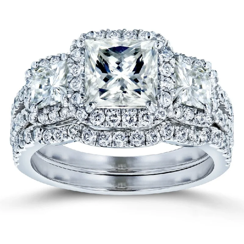 Annello by Kobelli 14k Gold 3 1/10ct TGW Princess Moissanite and Diamond Halo 3-Stone Bridal Rings (GH/VS, GH/I)