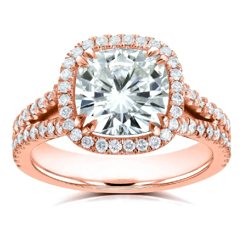 Annello by Kobelli 14k Gold 3 1/3ct TGW Cushion H-I Moissanite with Diamond Split Shank Halo Engagement Ring