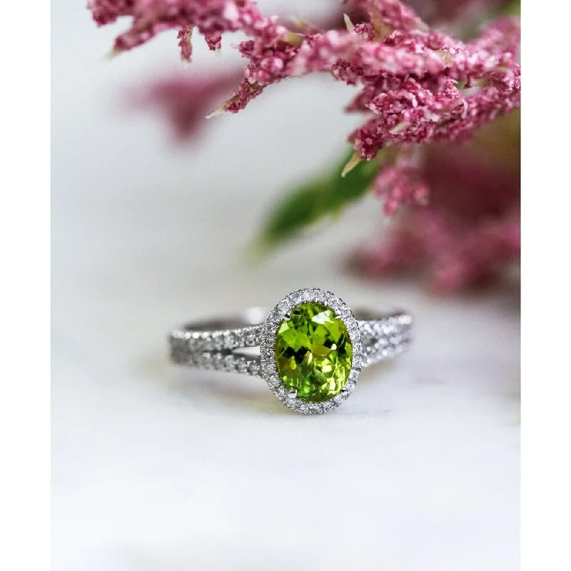 Annello by Kobelli 14k Gold 3ct TGW Oval Cut Green Peridot and Diamond Halo Split Shank Gemstone Ring