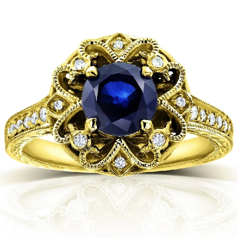 Annello by Kobelli 14k Gold 6.5mm Round Blue Sapphire and 1/5ct TDW Diamond Edwardian Antique Ring