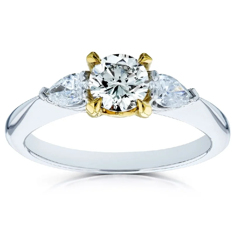 Annello by Kobelli 14k Gold 7/8ct TDW Light Fancy Yellow Round Brilliant and White Pear Diamond 3 Stone Pinched Shank Ring