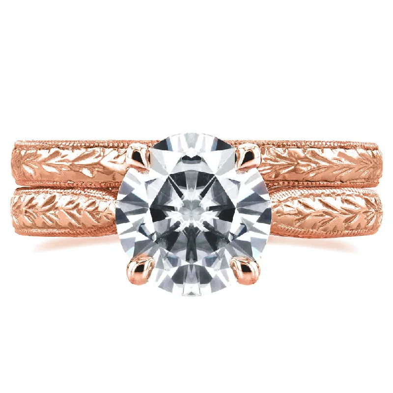 Annello by Kobelli 14k Rose Gold 1 1/2ct TGW Moissanite and Diamond Antique Cathedral Bridal Rings (GH/VS, GH/I)