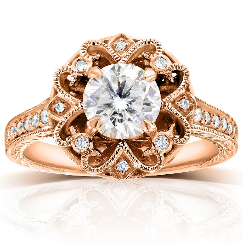 Annello by Kobelli 14k Rose Gold 1 1/5ct TGW Forever One Moissanite and Diamond Antique Floral Extravagant Engagement Ring