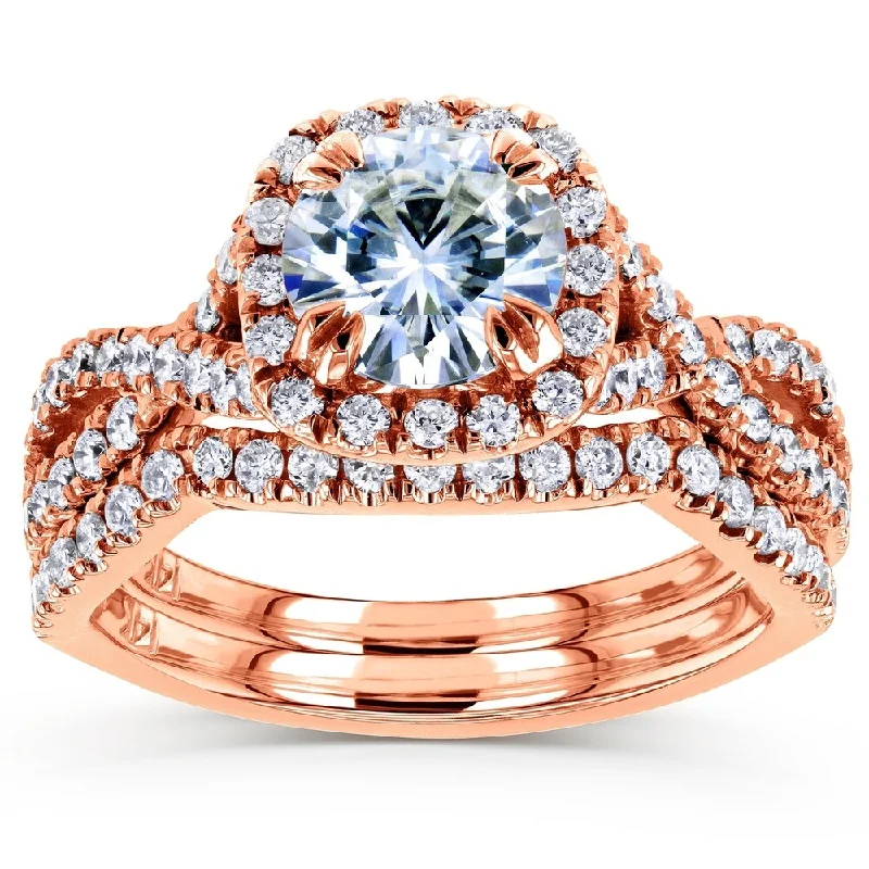 Annello by Kobelli 14k Rose Gold 1 3/4ct TGW Moissanite and Diamond Crossover Bridal Rings Set