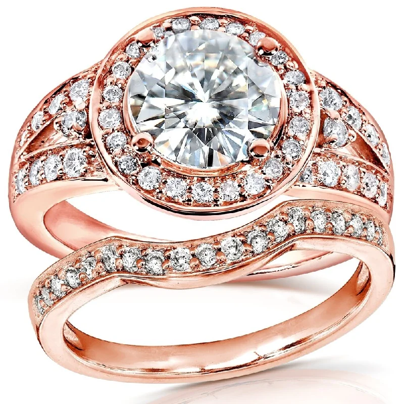 Annello by Kobelli 14k Rose Gold 2ct TGW Round Moissanite and Diamond Halo Bridal Ring 2-Piece Set