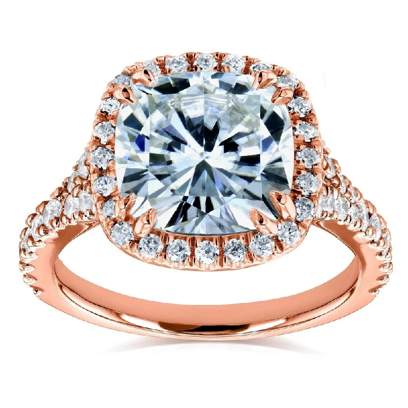 Annello by Kobelli 14k Rose Gold 3 1/3ct TGW Cushion Moissanite and Diamond Halo Cathedral Ring