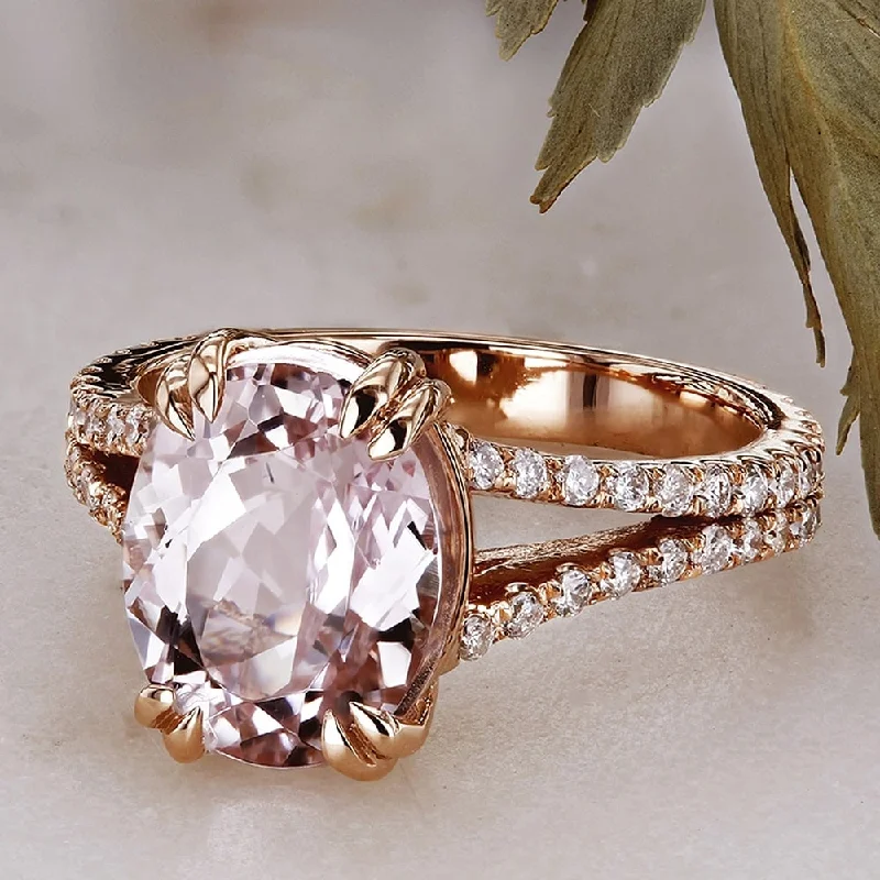 Annello by Kobelli 14k Rose Gold 3 4/5ct TGW Oval-cut Kunzite Pink Gemstone and Diamond Split Shank Ring